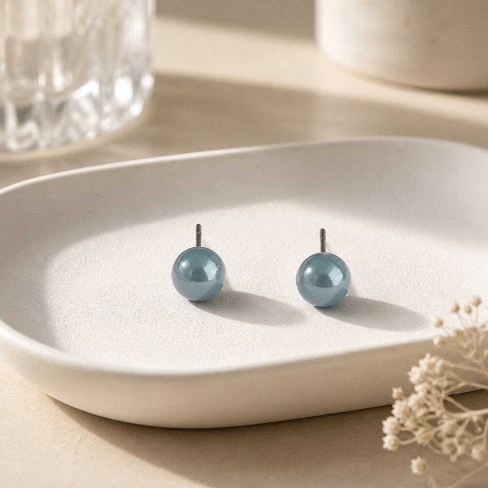 Dusty Blue Pearl Stud Earrings | Minimalist Round Slate Blue Pearl Posts